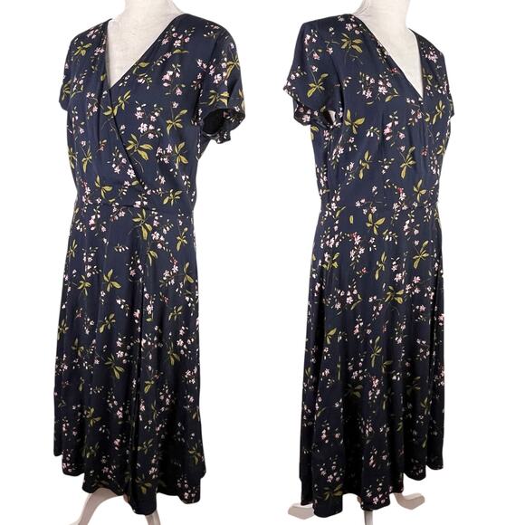 Ann Taylor Navy Blue Floral Midi Faux Wrap Dress 12T - Picture 2 of 14